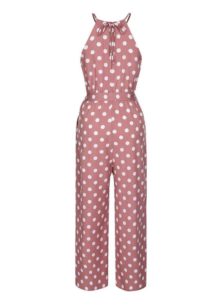 Pink 1930s Polka Dots Drawstring Halter Jumpsuit