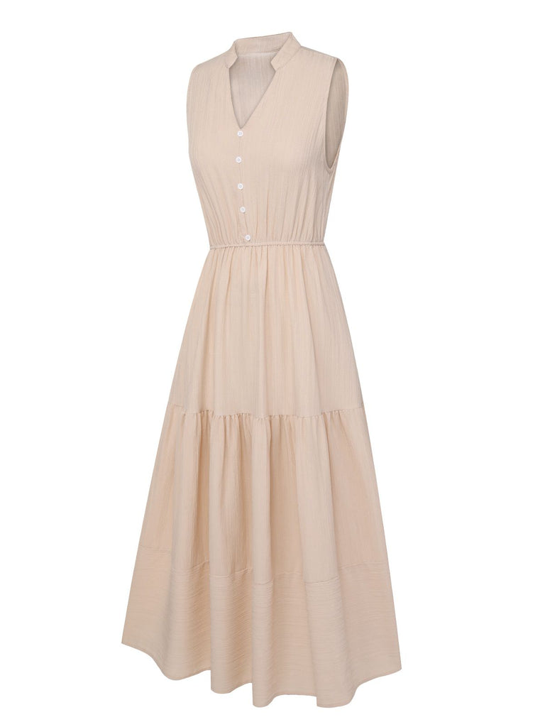 Beige 1950s Solid Stand Collar V-Neck Dress