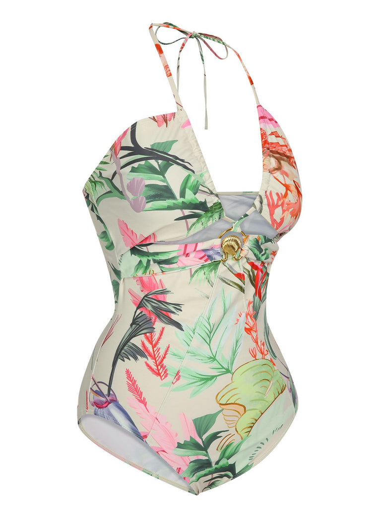 Multicolor 1960s Chest Buckle One-Piece Swimsuit