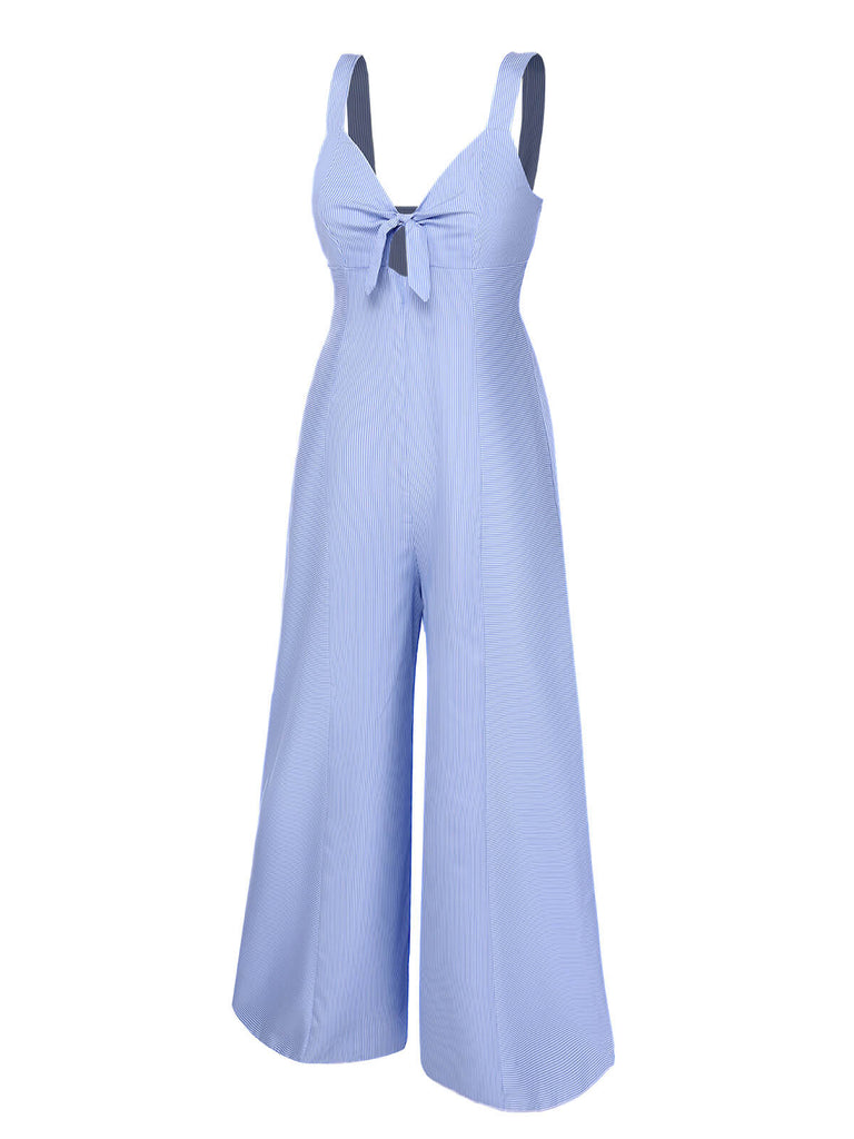 Blue 1930s Stripe Cutout Wide Strap Jumpsuit