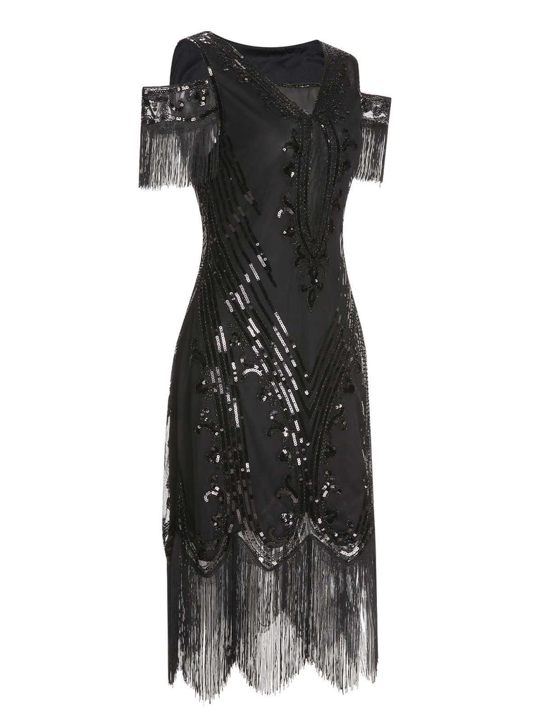 1920s Cold Shoulder Embroidered Fringe Sequins Dress