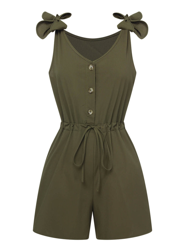 1950s Solid Shoulder Tie Sleeveless Romper