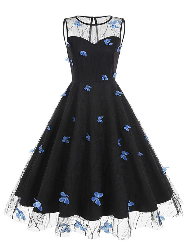 1950s Round Neck Embroidery Butterflies Mesh Dress