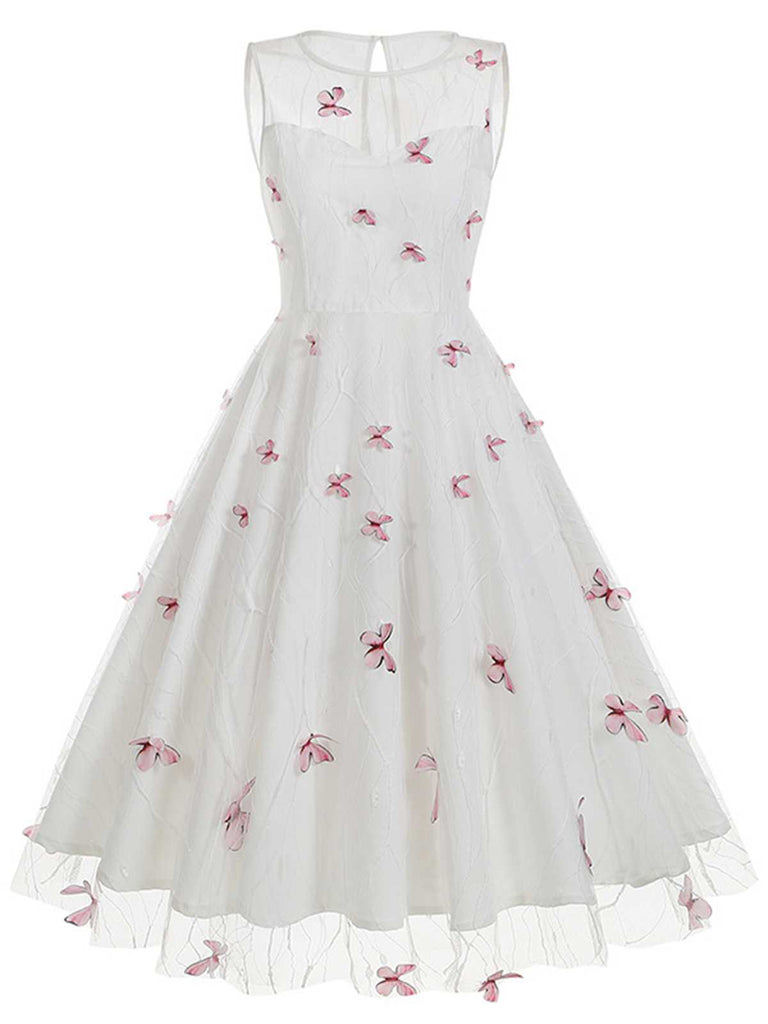 1950s Round Neck Embroidery Butterflies Mesh Dress