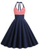 Dark Blue 1950s Red & White Stripes Halter Dress