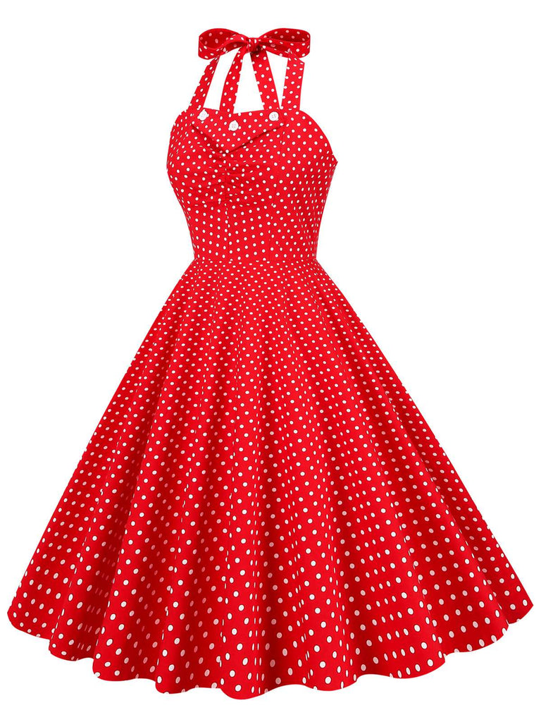 Red 1950s Polka Dot Halter Swing Dress