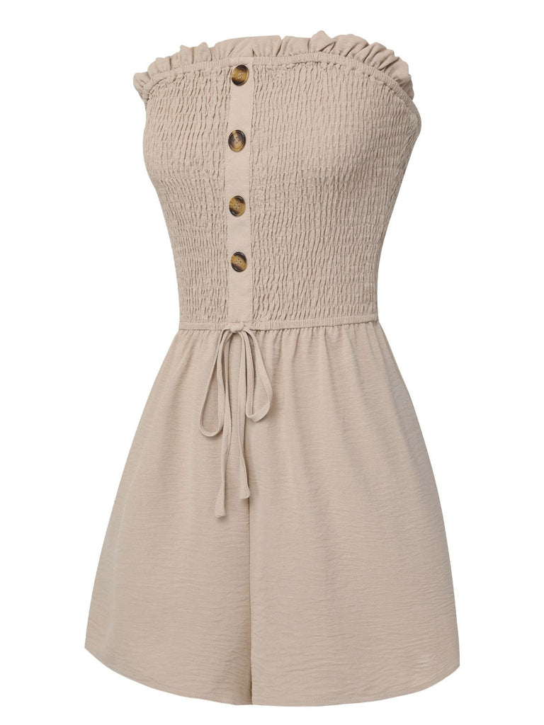 Beige 1950s Solid Smocking Strapless Romper