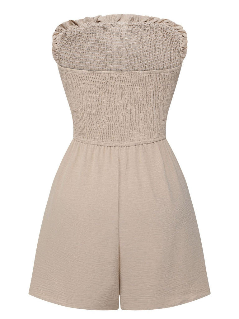 Beige 1950s Solid Smocking Strapless Romper