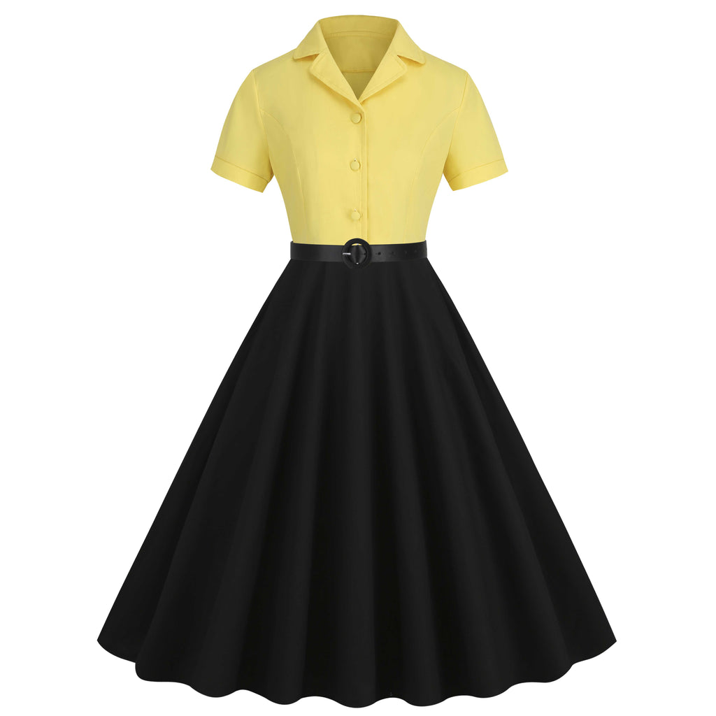 1950s Lapel Contrast Belted Dress