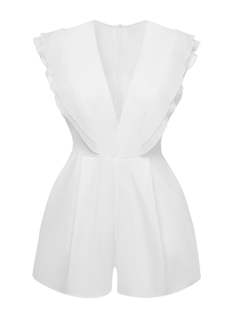 1950s Solid Deep V Neck Ruffles Sleeveless Romper