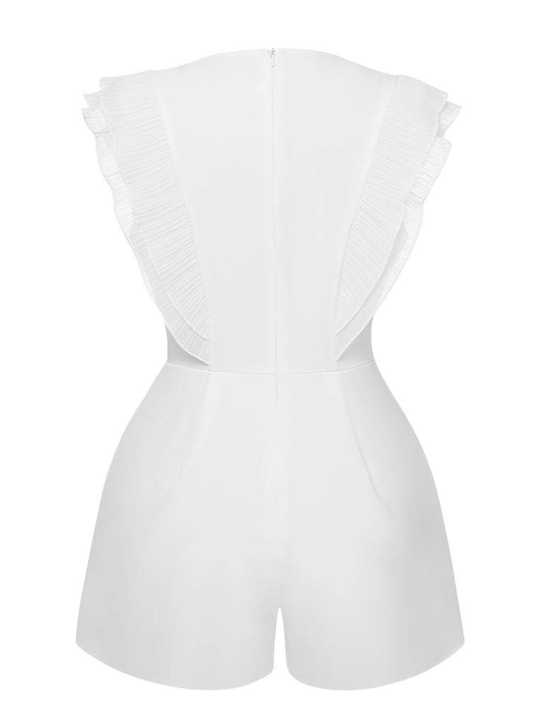 1950s Solid Deep V Neck Ruffles Sleeveless Romper