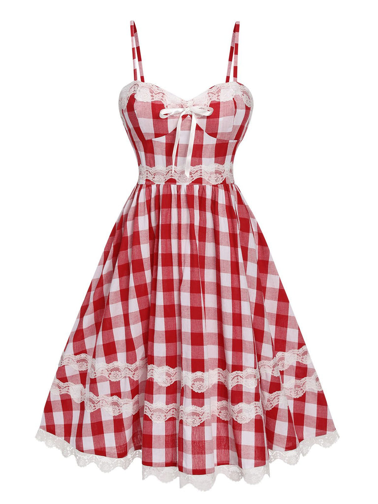 Red 1950s Plaid Lace Bow Strap Dress