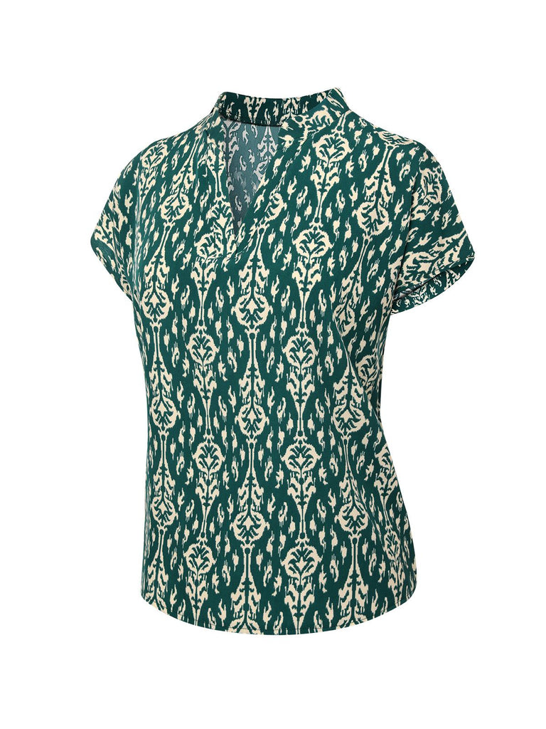 Green 1940s Vintage All-Over Print Blouse