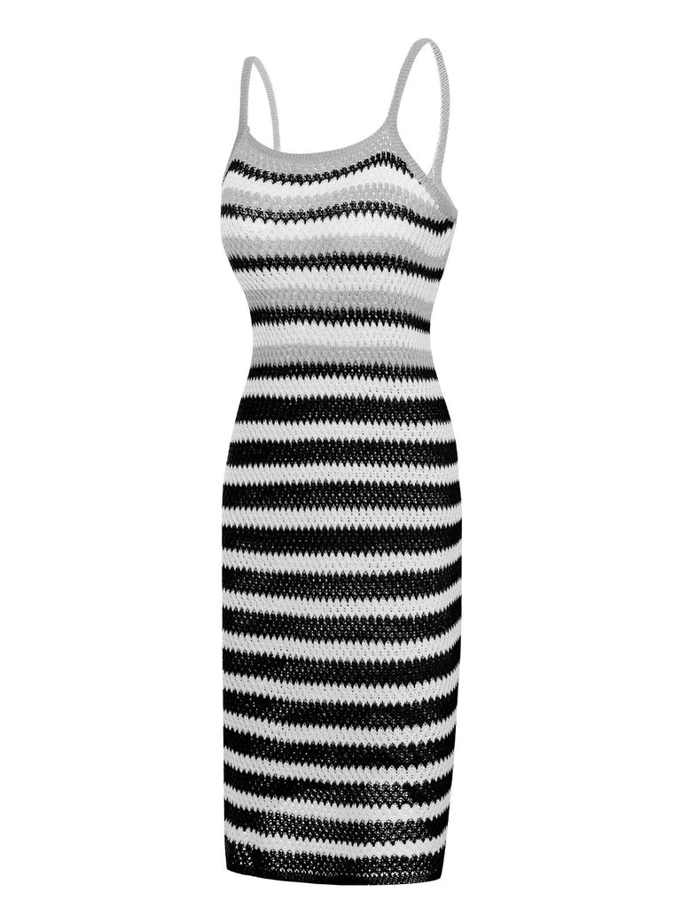 1960s Striped Knitted Spaghetti Straps Dress