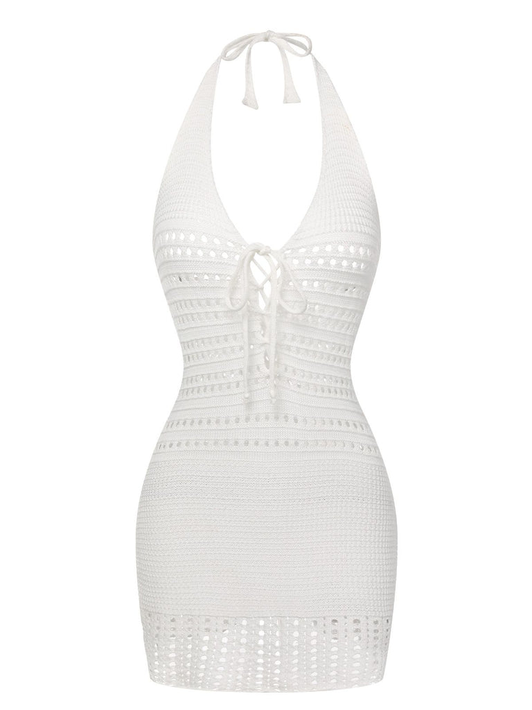 White 1960s Cross Lacing Crochet Dress