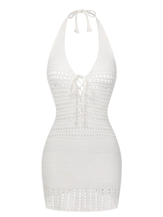 White 1960s Cross Lacing Crochet Dress