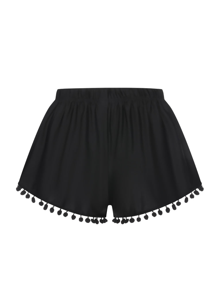 Black 1970s Solid Fur Ball Tassel Shorts