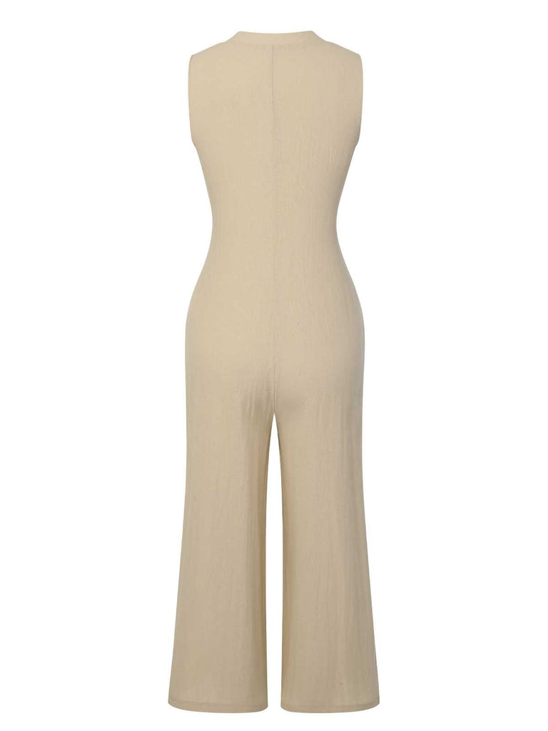 Beige 1940s Pockets Solid Sleeveless Jumpsuit