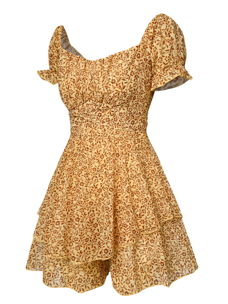 Yellow 1970s Square Neck Ditsy Floral Romper