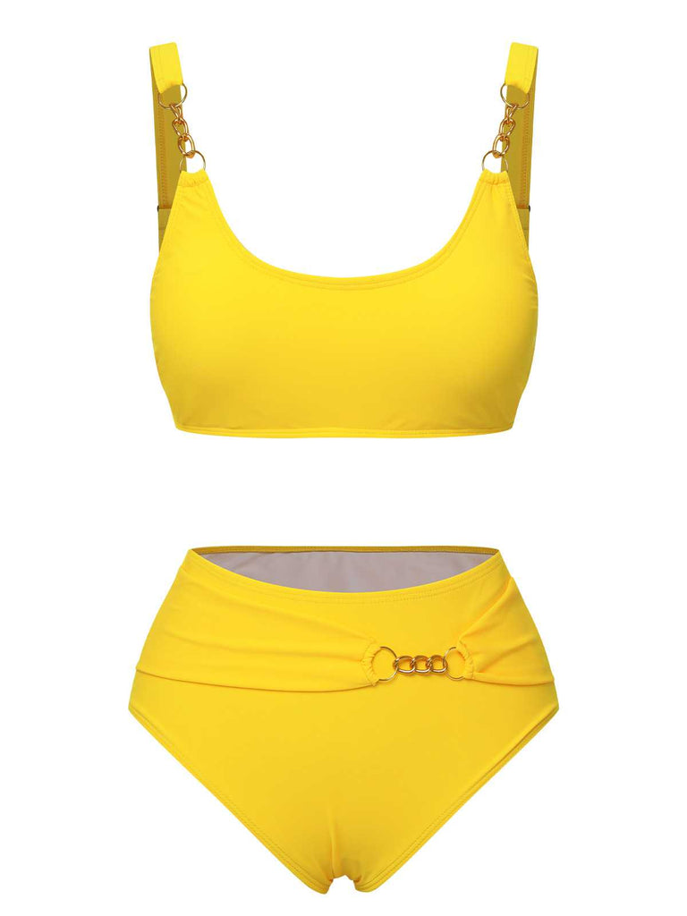 Yellow 1960s Spaghetti Strap Backless Solid Swimsuit