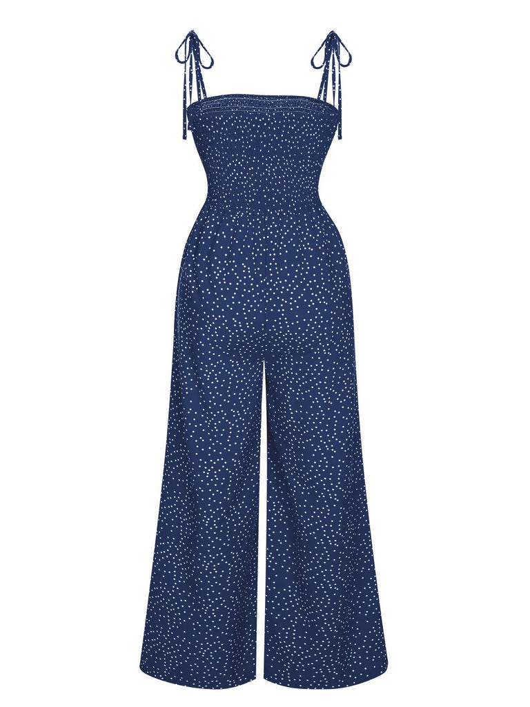 1970s Polka Dots Spaghetti Strap Bind Jumpsuit