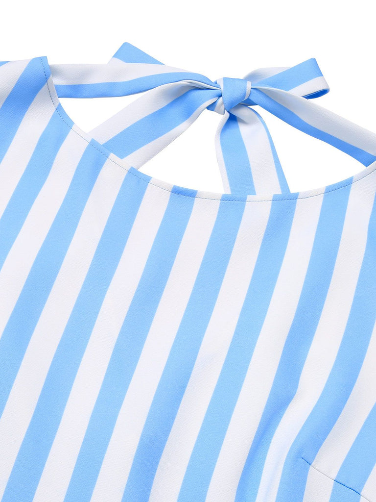 [Pre-Sale] Blue 1940s Boat Neck Stripes Bow Dress
