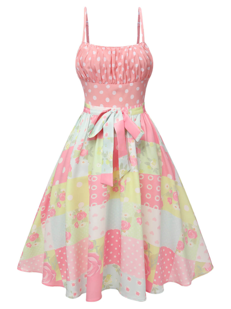 [Pre-Sale] Pink 1950s Polka Dots Floral Patchwork Dress