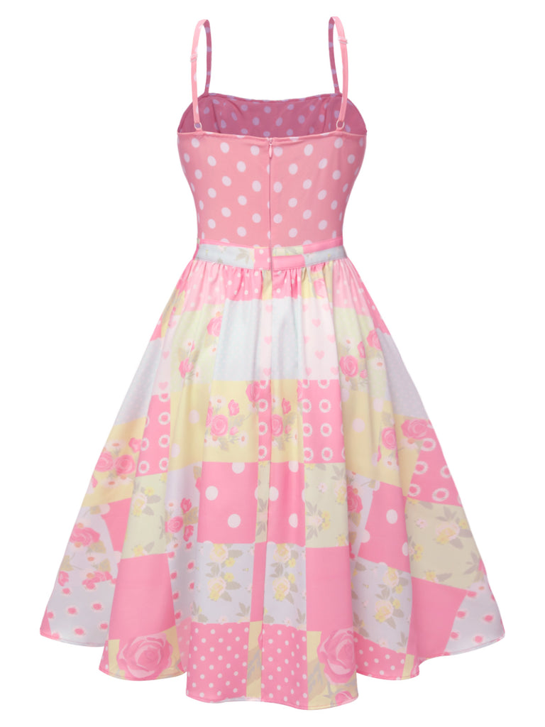 Pink 1950s Polka Dots Floral Patchwork Dress