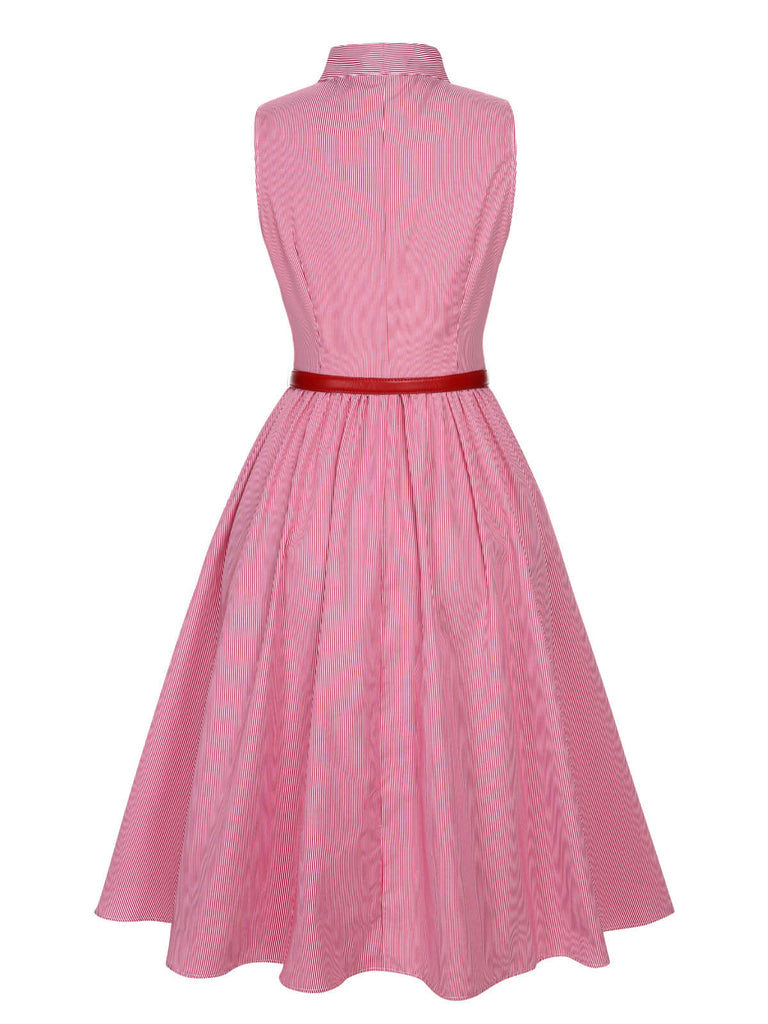 Pink 1950s Pinstripes Tie Collar Dress