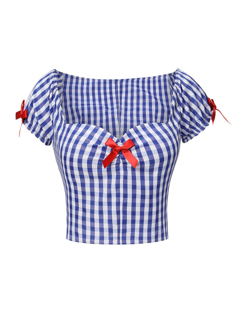 Blue & White 1950s Sweetheart Neck Plaid Top