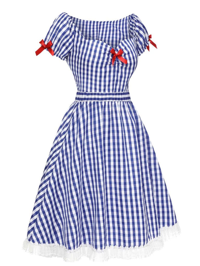 Blue & White 2PCS 1950s Plaid Top & Skirt