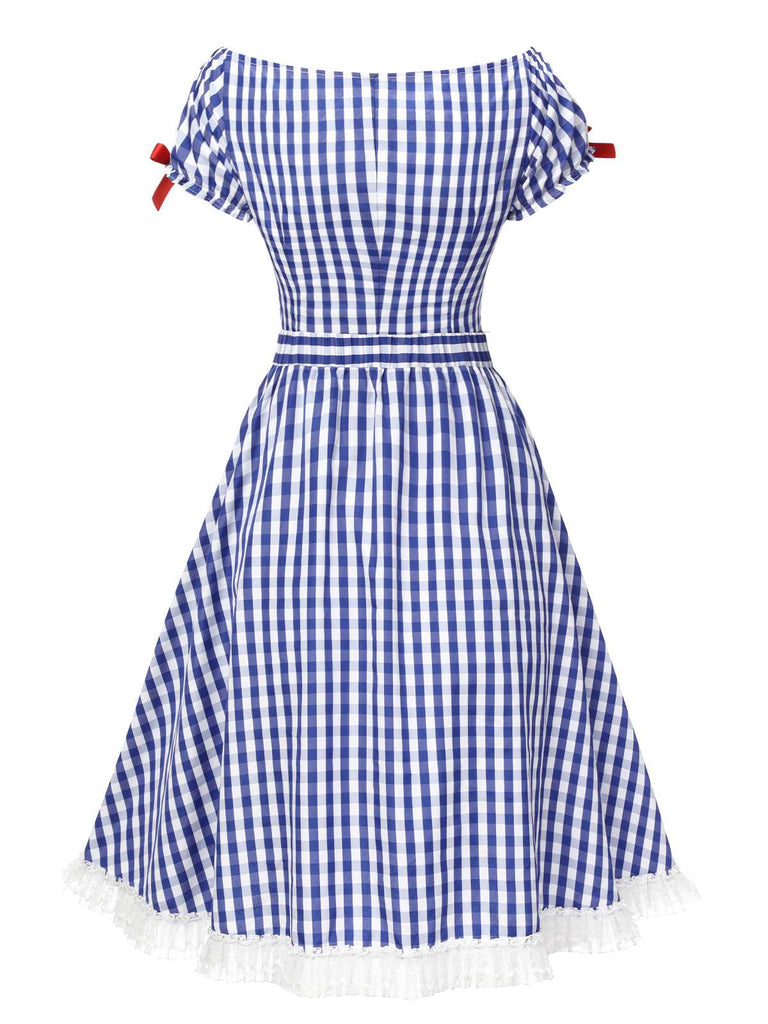 Blue & White 2PCS 1950s Plaid Top & Skirt