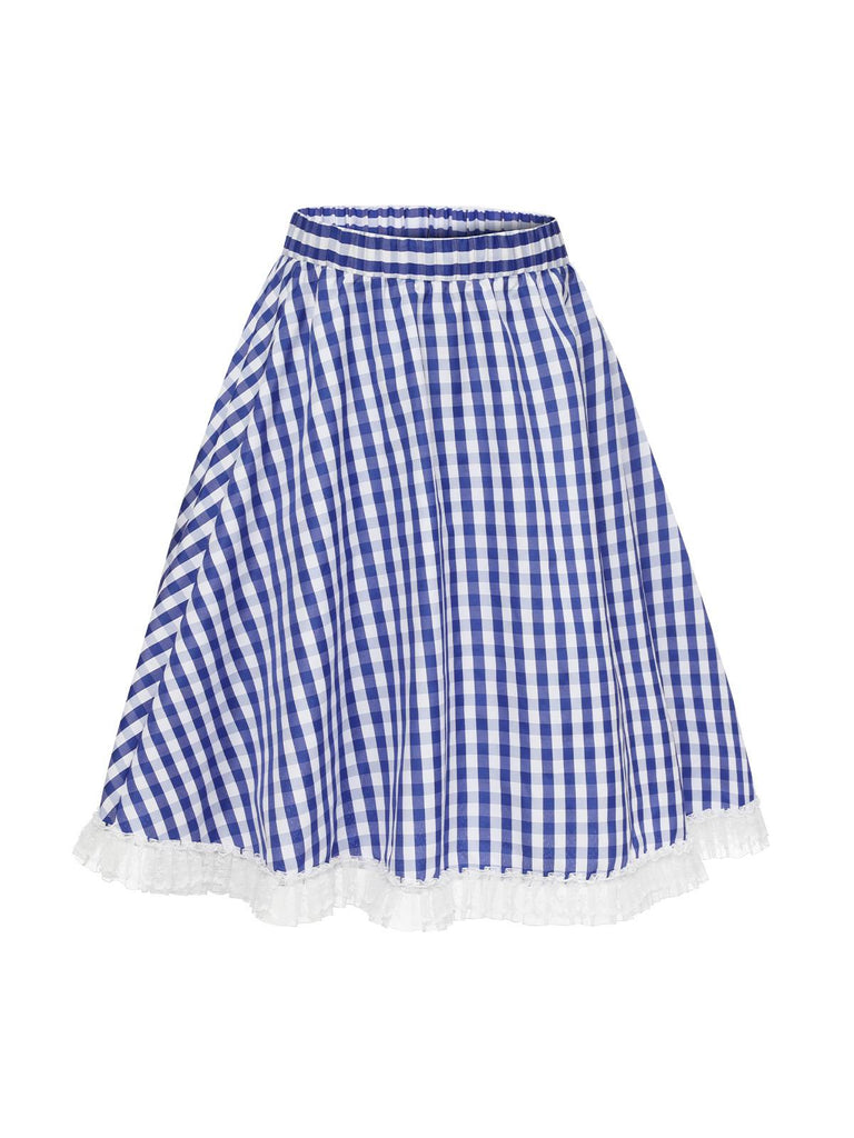 [Pre-Sale]  Blue & White 1950s Lace Patchwork Plaid Skirt
