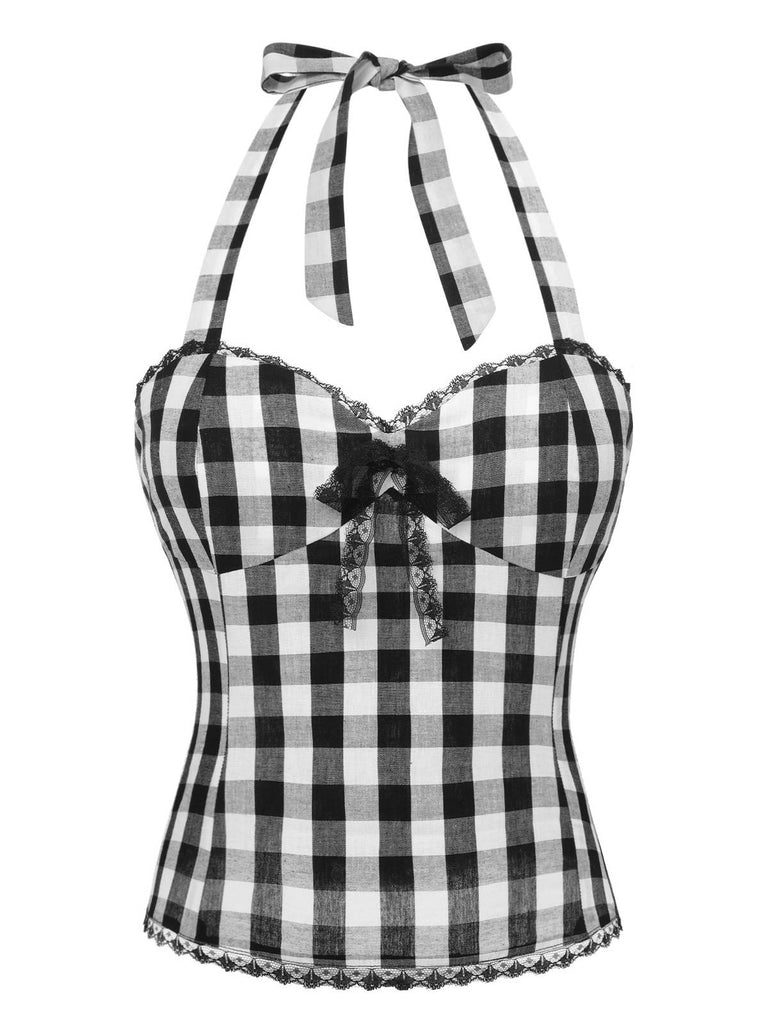 [Pre-Sale] Black 1950s Plaid Halter Lace Bow Top