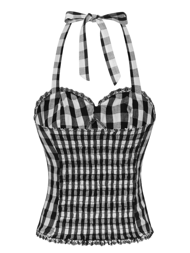 [Pre-Sale] Black 1950s Plaid Halter Lace Bow Top