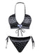 Black 1930s Cashew Flowers Lace-Up Bikini Set