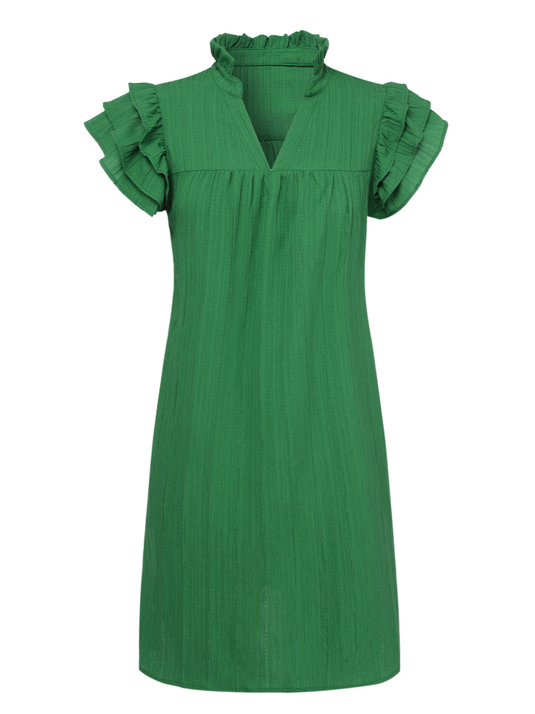 Green 1950s Solid Stand Collar Flounce Sleeve Dress