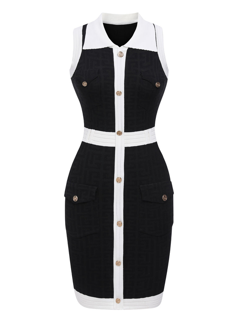 Black 1960s Knitted Lapel Patchwork Dress