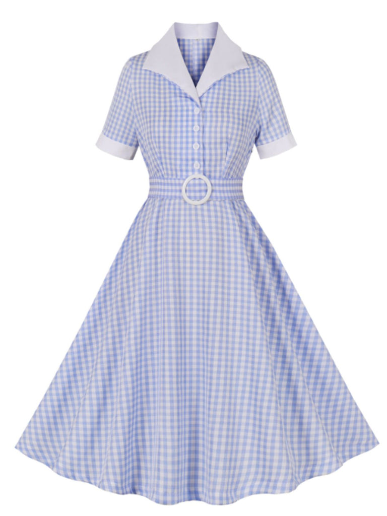 Light Blue 1950s Plaid Belt Lapel Dress