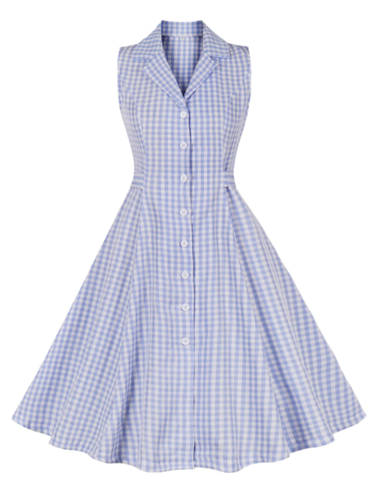 Light Blue 1940s Plaid Lapel Sleeveless Dress