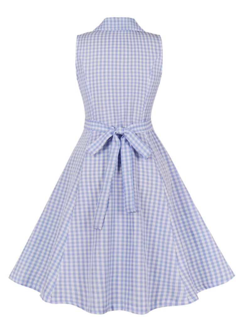 Light Blue 1940s Plaid Lapel Sleeveless Dress
