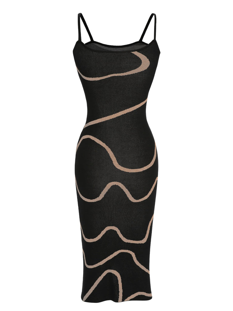 Black 1960s Knit Spaghetti Straps Bodycon Dress