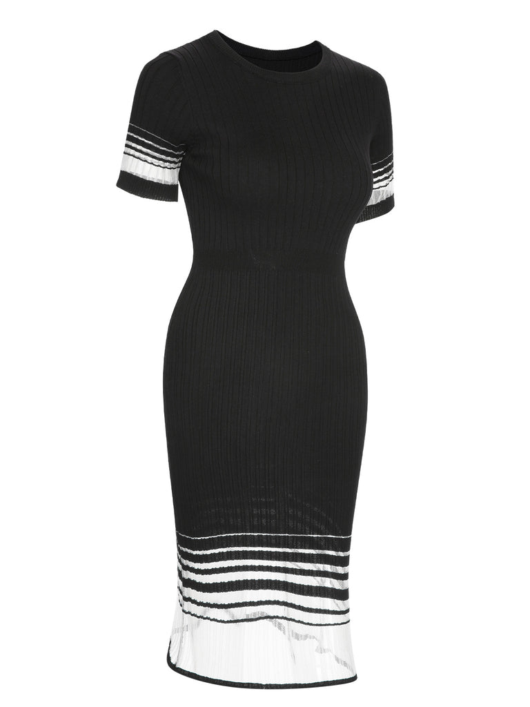 Black 1930s Gradient Stripes Knitted Dress