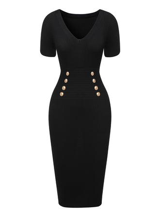 Black 1960s Solid V-Neck Buttons Dress