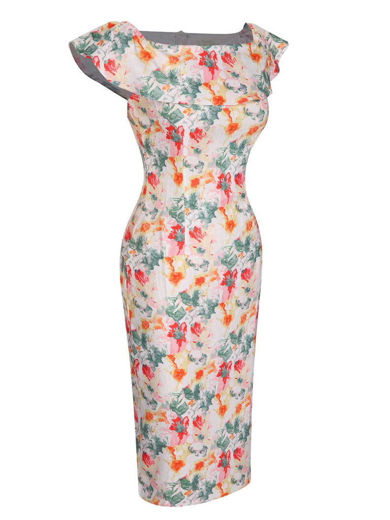 1960s Off- Shoulder Ruffles Floral Bodycon Dress