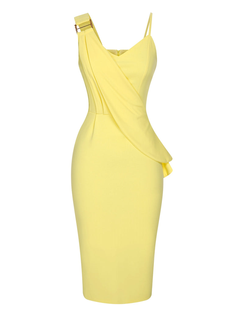 Yellow 1960s Irregular Straps Ruffle-Trim Dress