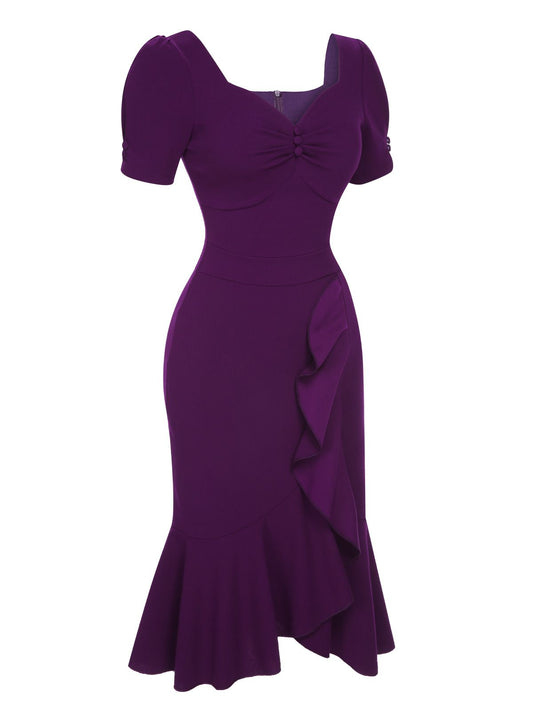 Deep Purple 1960s Solid Gigot Sleeve Ruffles Dress