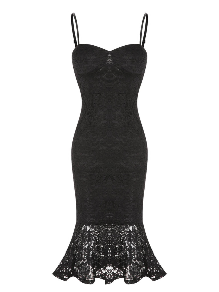 Black 1930s Lace Spaghetti Strap Mermaid Dress