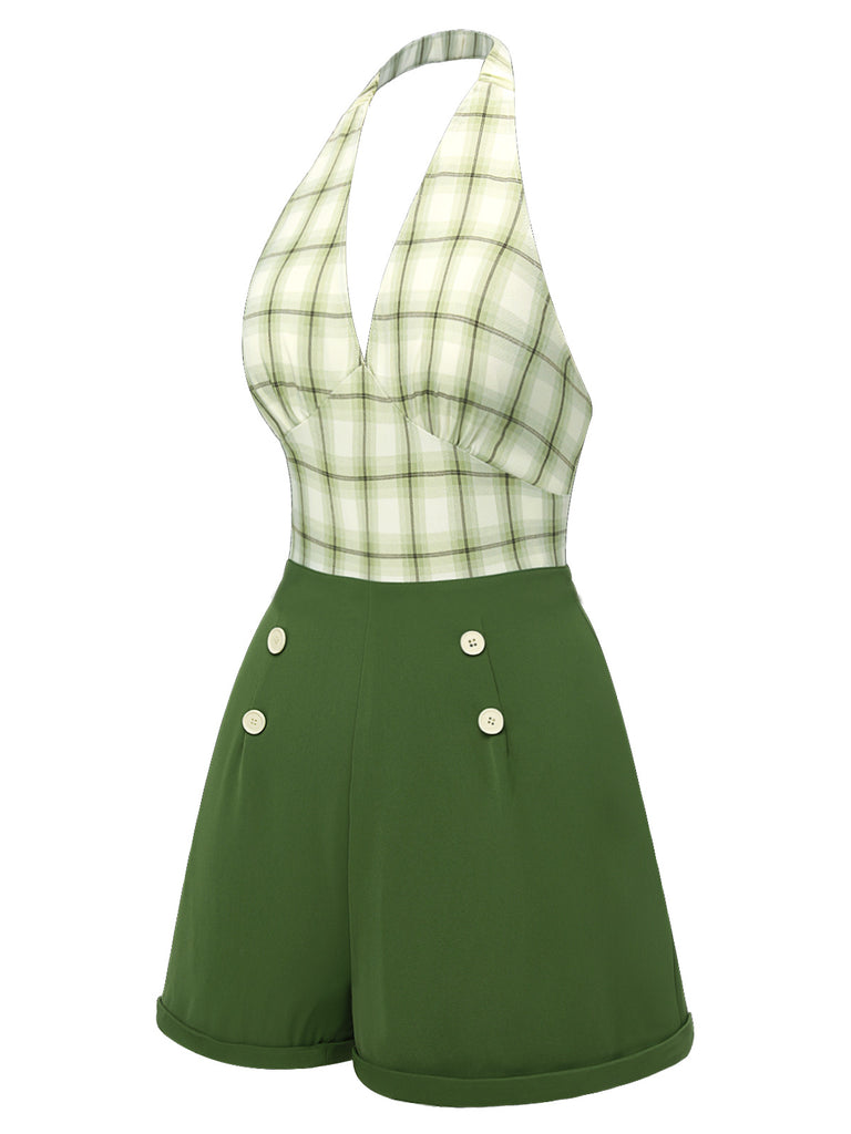 Green 1950s Windowpane Plaid Halter Romper