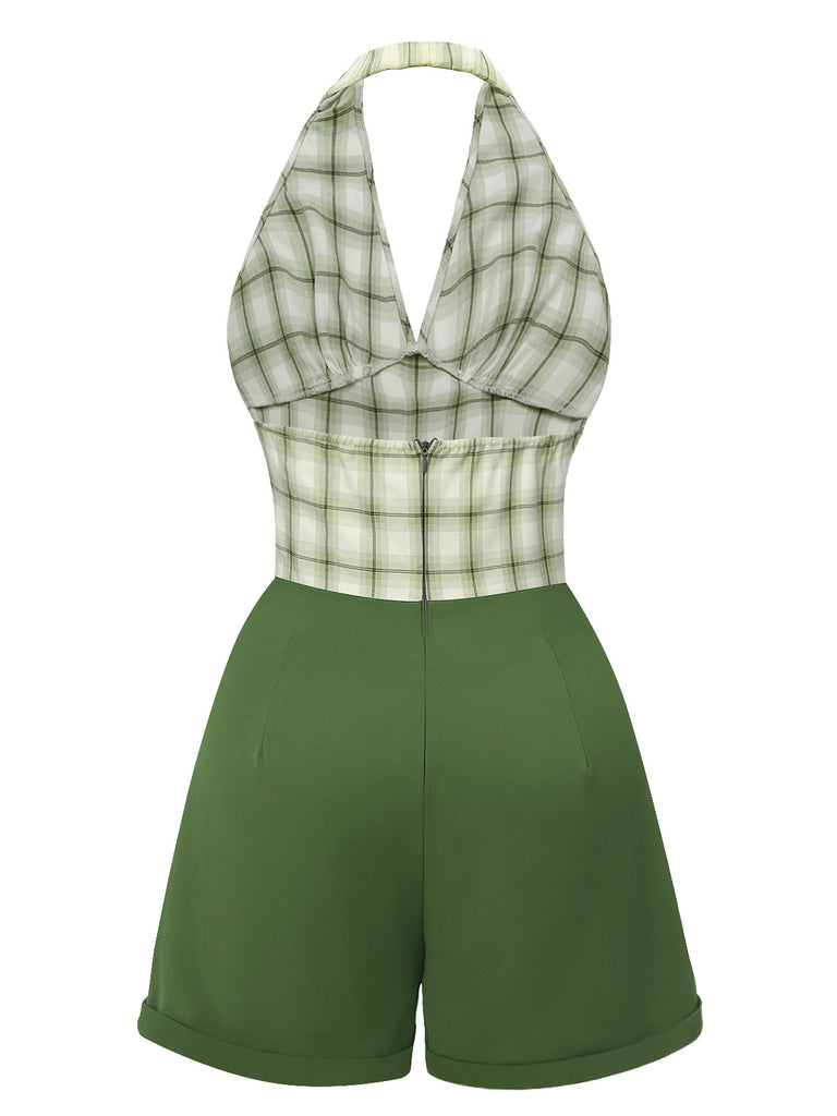 Green 1950s Windowpane Plaid Halter Romper